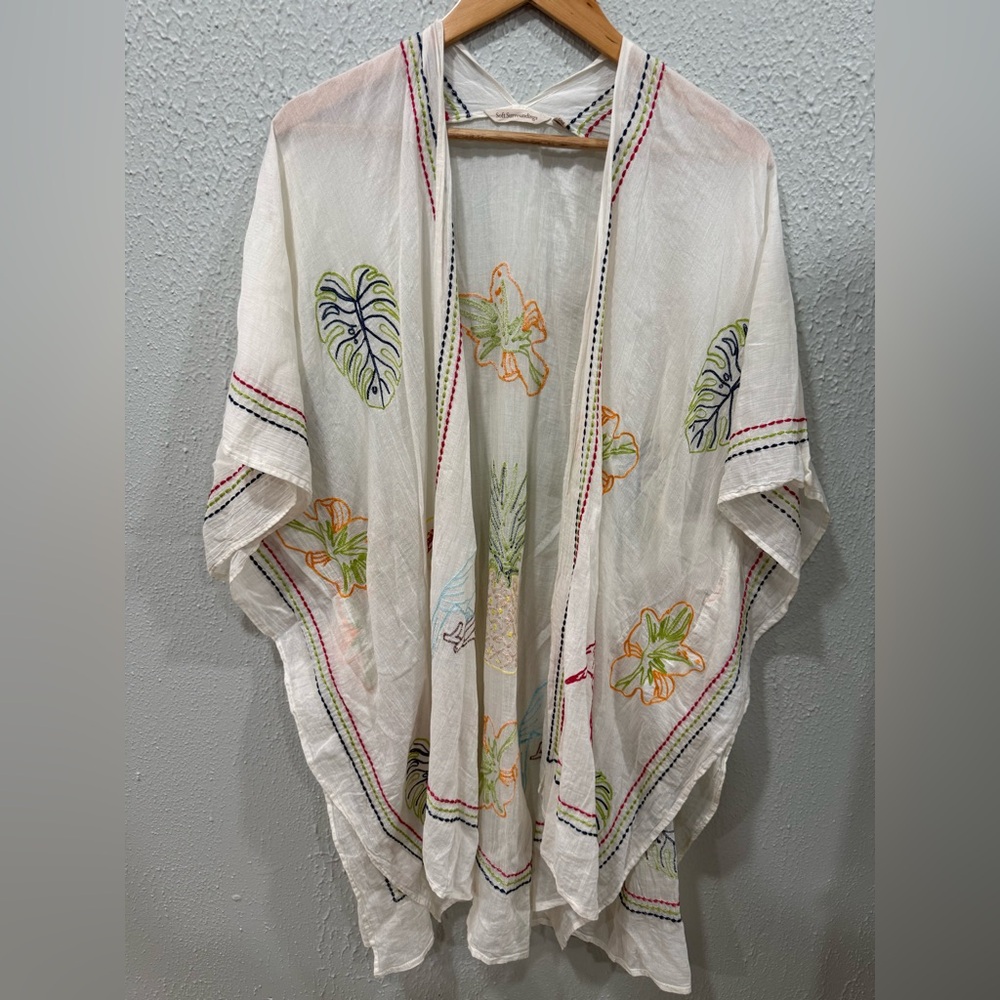 Soft Surroundings Tropical Bird Leaf Embroidered Kimono Cover Up in white/beige